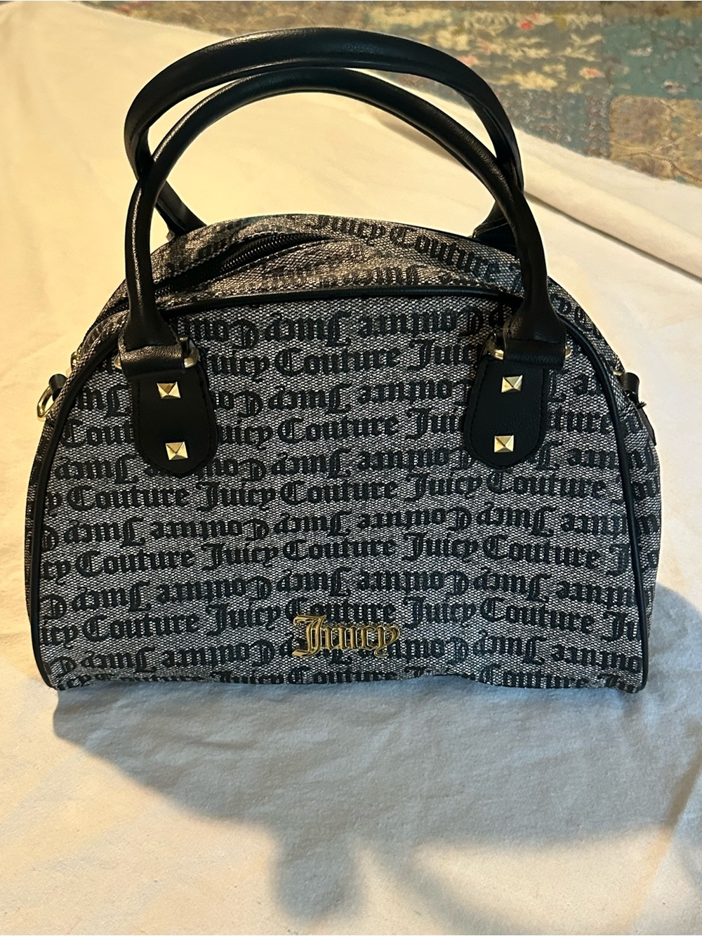 Juicy Couture Black & Gray Monogram Dome Tote with Gold Logo